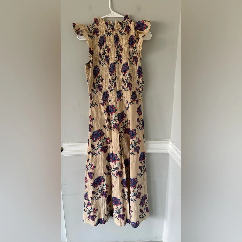 Sea New York Beige Floral Maxi Dress with Ruffle Shoulder mock neck 100% cotton - Picture 7 of 8
